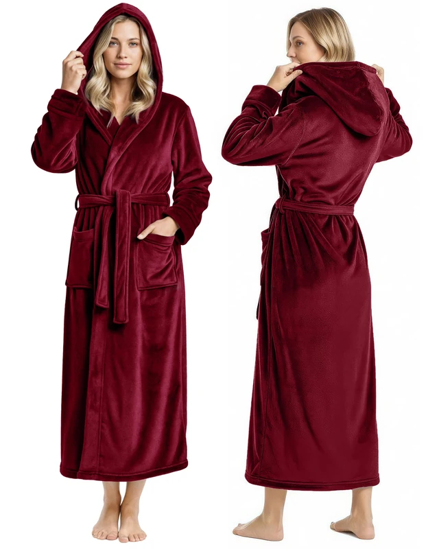 NY Threads Women's Fleece Hooded Bathrobe Plush Long Spa Robe, Burgundy, Medium