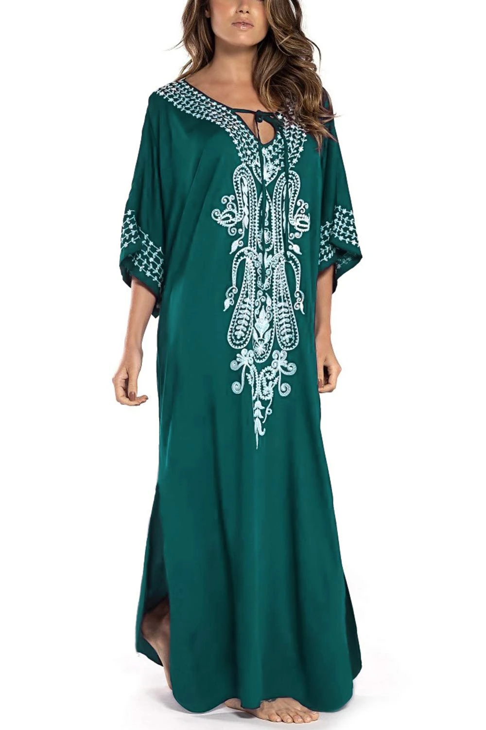 YouKD Cotton Kaftan Embroidered Floral Dress Bohemian Beach Bikini Cover Up Robe Plus Size Nightgown for Women A Green
