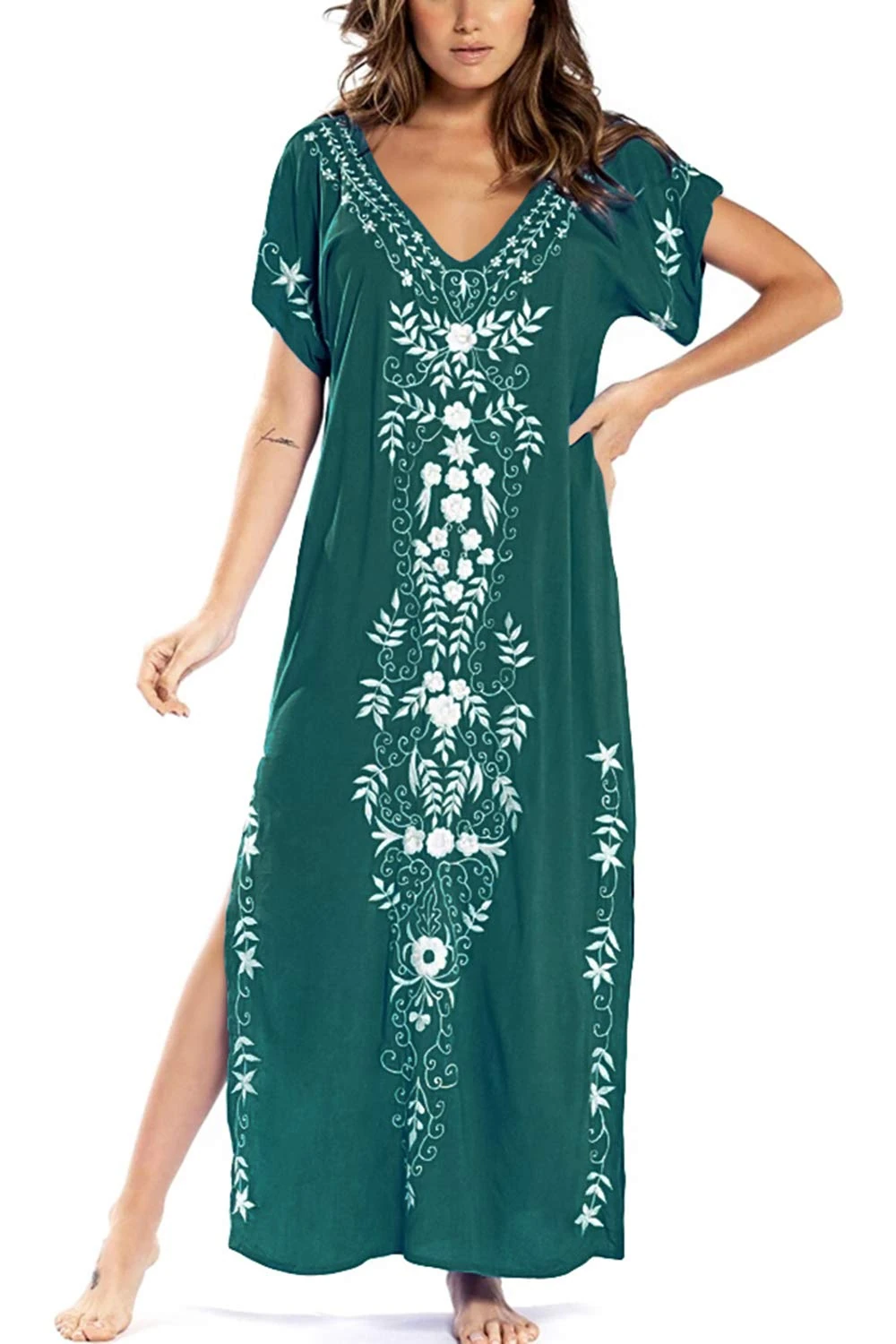 YouKD Cotton Kaftan Embroidered Floral Dress Bohemian Beach Bikini Cover Up Robe Plus Size Nightgown for Women B Green