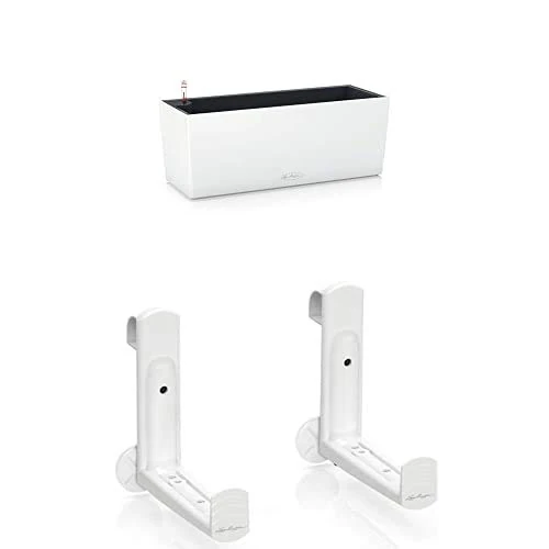 Lechuza BALCONERA Color 50 Medium Flower Garden Table Self-Watering Planter with Drainage Hole with Plant Substrate Contemporary Poly-Resin with Pair of Balcony Brackets, White