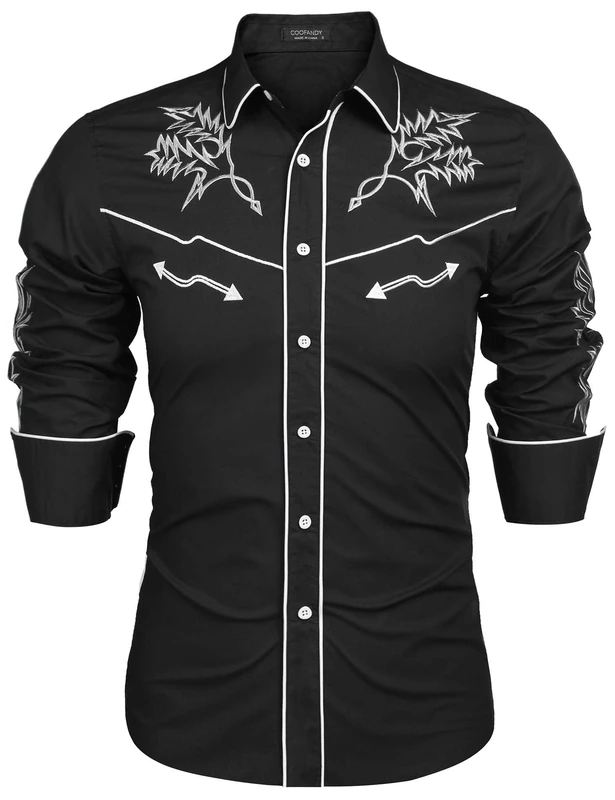 COOFANDY Men's Western Cowboy Shirt Embroidered Long Sleeve Cotton Casual Button Down Shirt, 01-Black, XXL