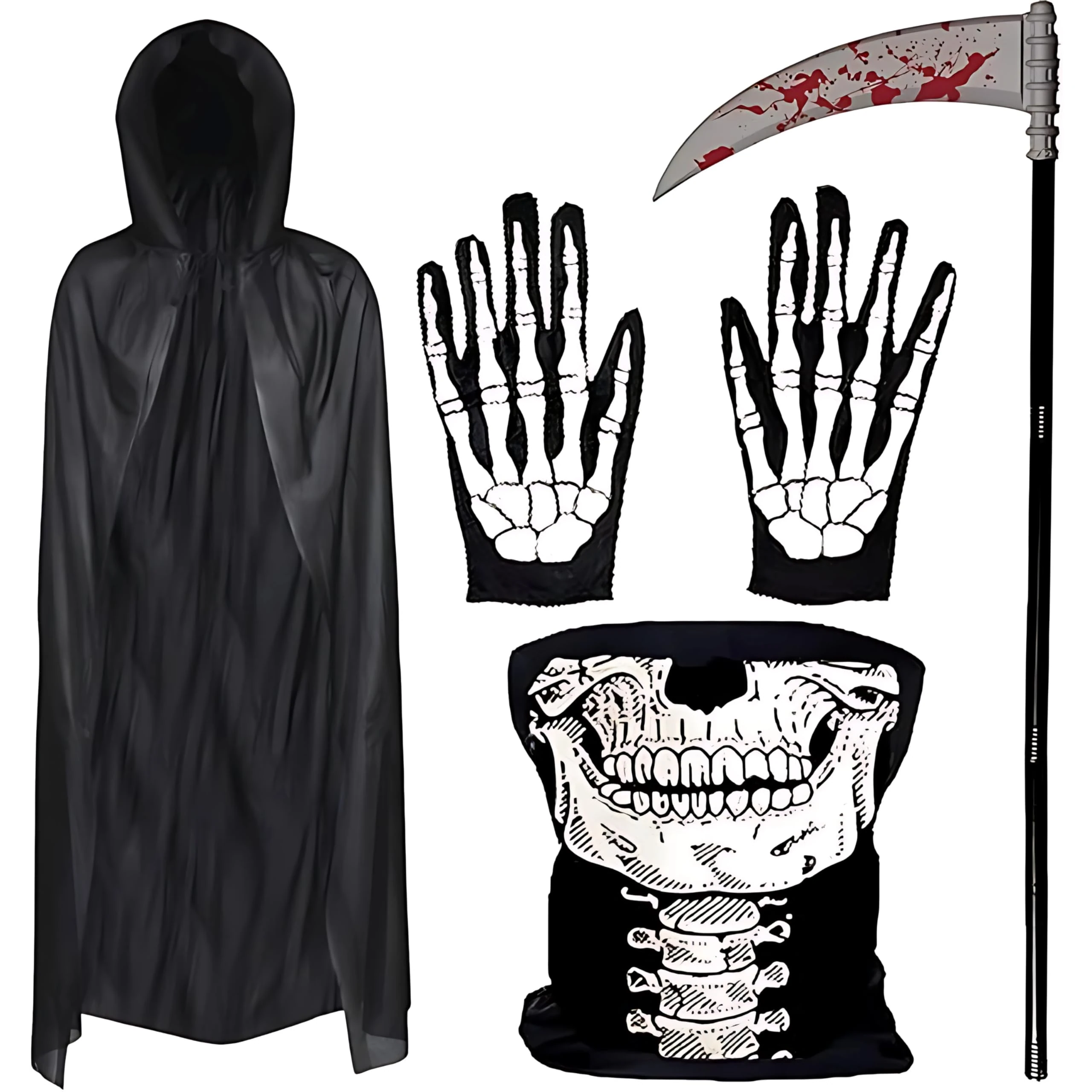 4pc Adult Grim Reaper Costume Accessories - Half Skull Mask, Bloody Scythe Prop, Skeleton Gloves and Hooded Black Cloak - Halloween Skeleton Phantom Grim Reaper Halloween Costumes for Men