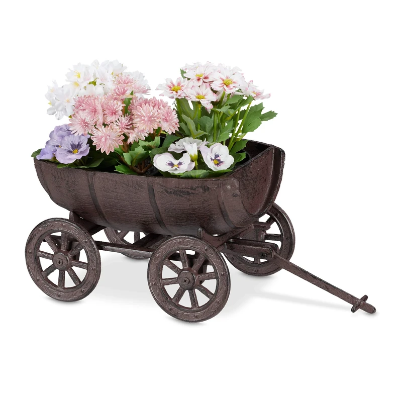 Relaxdays Planter, Garden, Half Wine Barrel, Decorative Wheelbarrow, Cast Iron, HxWxD: 18x20x29 cm, Brown
