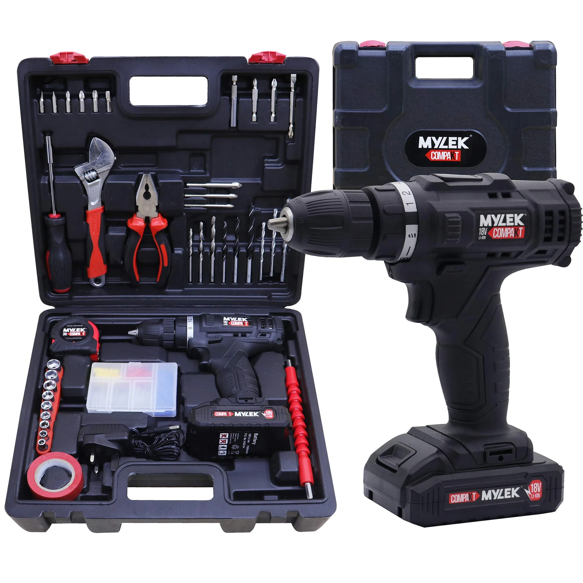 MYLEK Cordless Drill Set 18v Electric Driver DIY Combi Screwdriver Tool Kit, 1500mAh Li-Ion Battery, Variable Speed, LED Light, Lightweight Design, 90 Piece Accessory and Carry Case