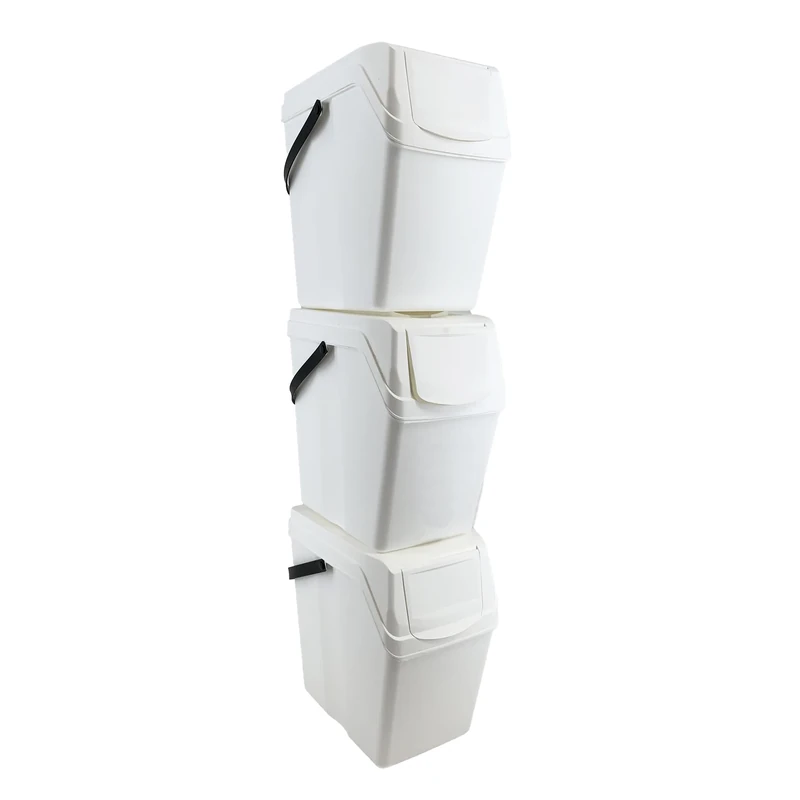 PROSPERPLAST Set of 3 Trash/Recycling Bins with 75-Litre Total Capacity, White with Handles