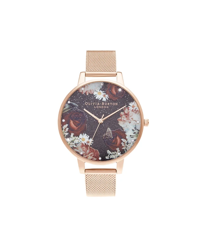 Olivia Burton Analogue Quartz Watch for Women WINTER BLOOMS Collection with Rose Gold Colored Stainless Steel Mesh Bracelet - OB16WG80
