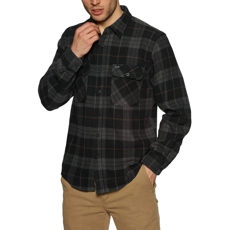 BRIXTON Men's Bowery L/S Flannel Button Down Shirt, Black/Charcoal, Large