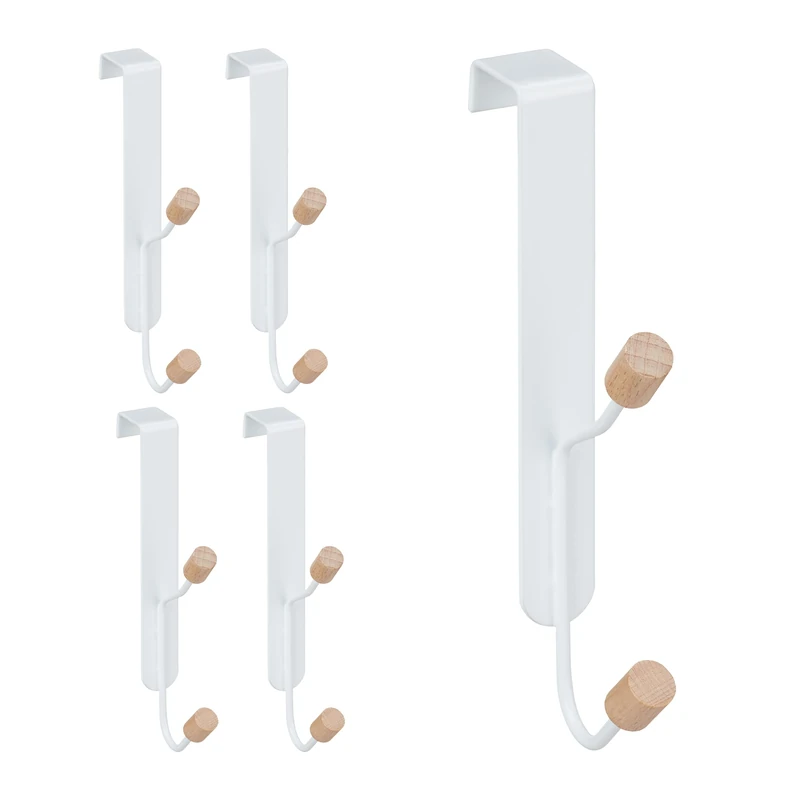 Relaxdays Set of 5 Door Double Hooks, Scandinavian, Iron & Wood, Hanging Coat Rack HxWxD: 16 x 2 x 7 cm, White/Natural
