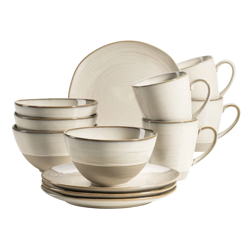 MÄSER 931818 Series Nottingham Vintage Crockery Set for 4 People 12-Piece Breakfast Service with Irregular Round Shapes in Retro Look, Stoneware, Beige