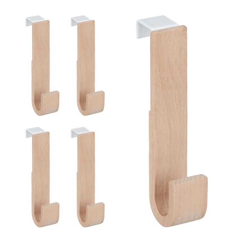 Relaxdays Set of 5 Door Hooks, Wood & Iron, for Jackets, Towels, Hallway Coat Hook, HWD: 13 x 2.5 x 6 cm, White/Natural