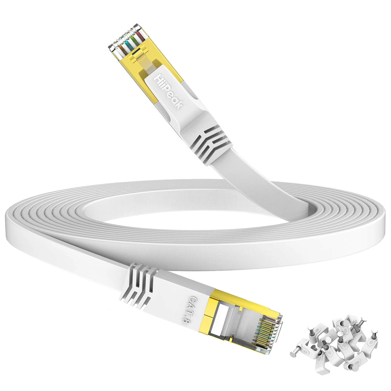 HiiPeak Cat 8 Flat Ethernet Cable 30m, Cat8 Internet Cable 40Gbps 2000Mhz High-Speed Professional LAN Patch Network Cables with RJ45 Gold-Plated Connector, Compatible with Cat5/Cat6/Cat7, White(30 m)