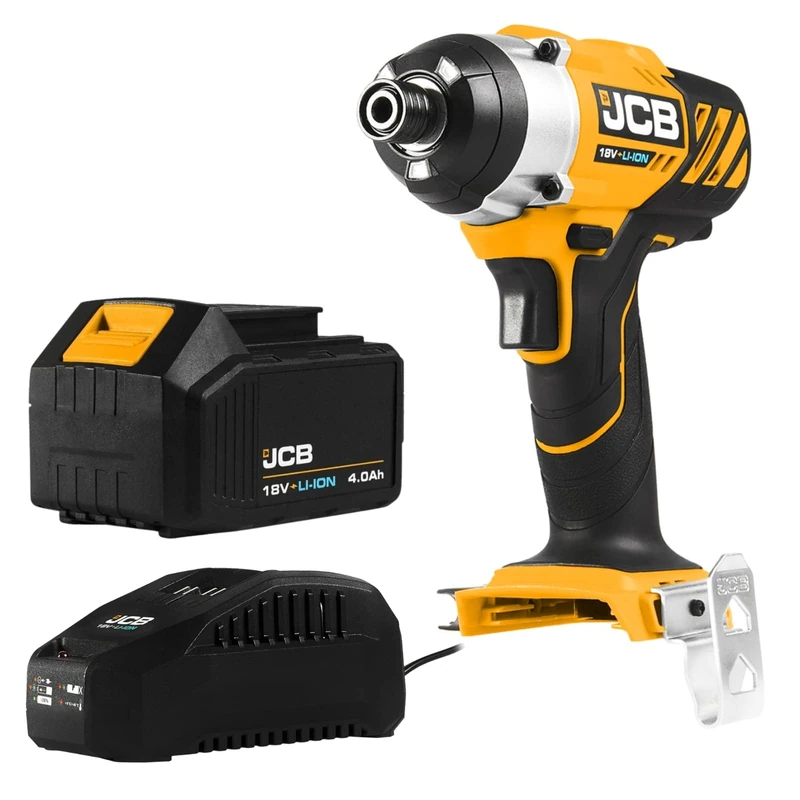 JCB 18V Cordless Impact Driver, 4.0Ah Battery, Fast Charger, LED Light, Belt Clip & Rubber Grip Overmould, 3 Year Warranty