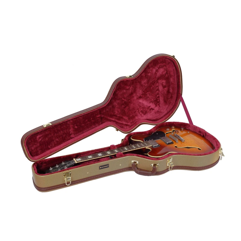 Crossrock Wooden Guitar Case for 335 Style Semi-Hollow Electric Guitars | Arched Vinyl Tweed Shell, Sponge Lining, Lock, Storage Compartment -Tweed (CRW620SATW)