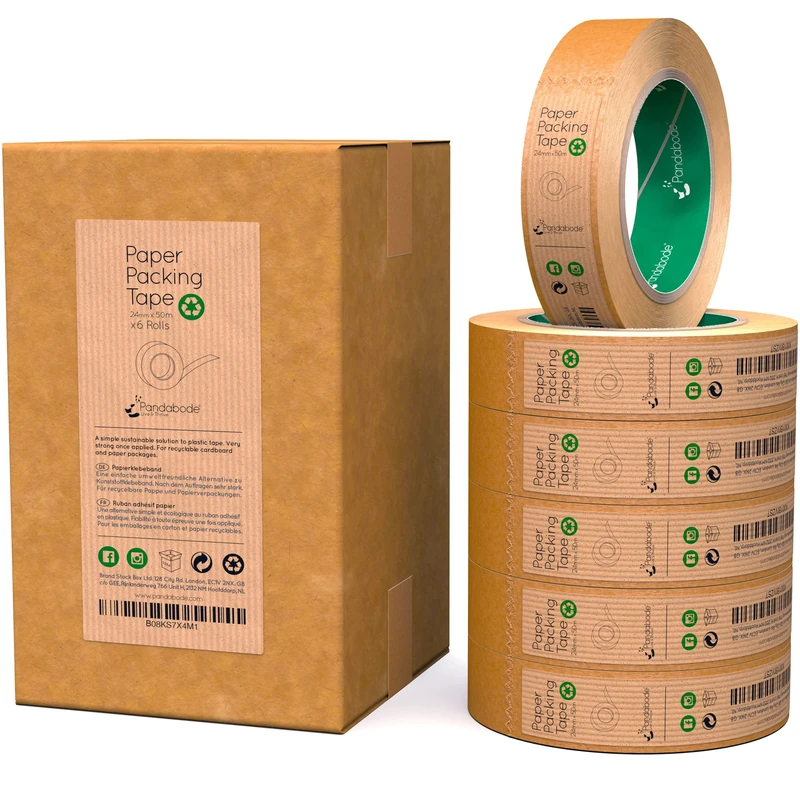 Pandabode Paper Packing Tape 24mm x 50m Strong, Sticky, Recyclable Brown Kraft Paper | 1/3/6/12 Eco Essentials for Parcel Packaging, Moving and Multi-use | 50 Metre Rolls (6)