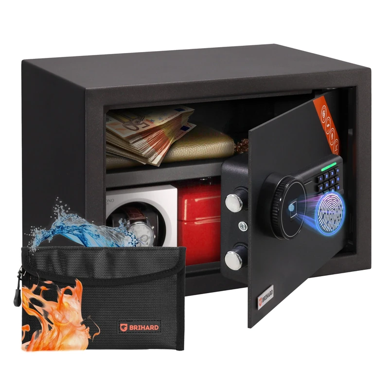 Brihard Family Biometric Safe 25 x 35 x 25 cm with Fireproof Bag, 20L Fingerprint Safe with Removable Shelf, Ideal for Money, A4 Documents, Jewellery