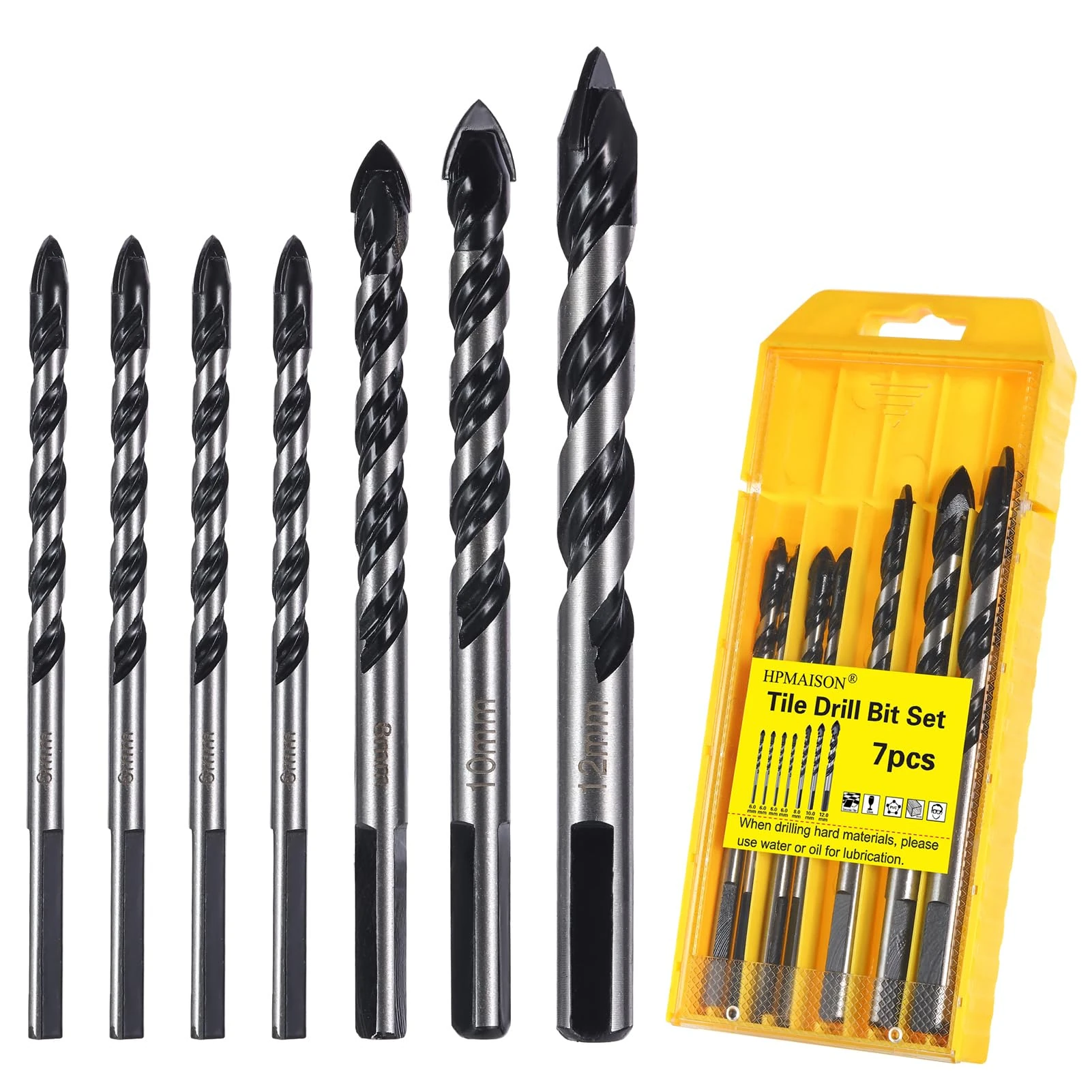 HPMAISON Multi-Material Tile Drill Bits Set, 7PCS Tungsten Carbide Tip Drill Bit for Ceramic Tile Porcelain Granite Marble Brick Glass Plastic Wood with Durable Storage Box (6 6 6 6 8 10 12mm)