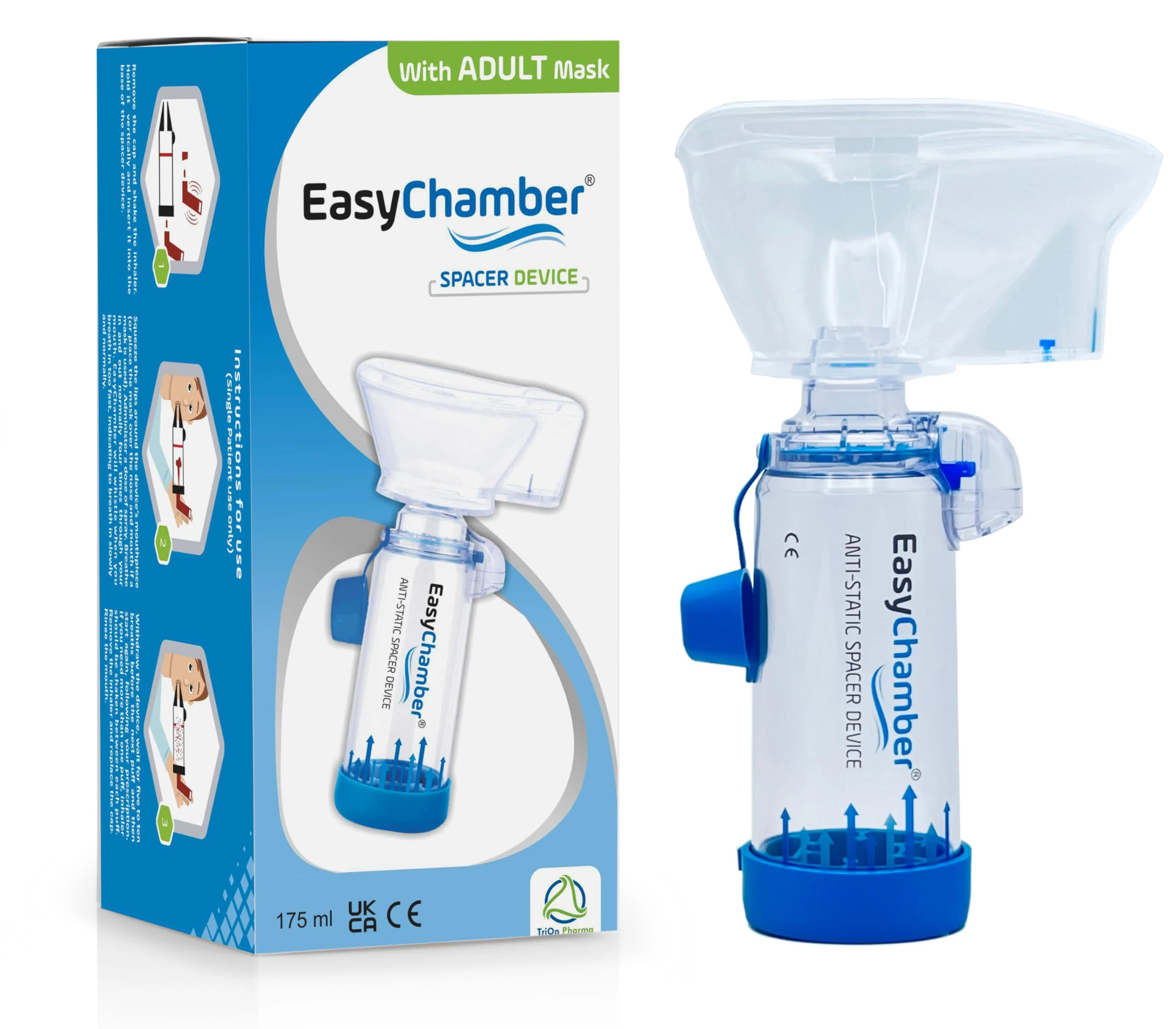 EasyChamber Anti-Static Spacer Device with Adult Mask, Inhaler Chamber, use with Metered Dose Inhaler, BPA and Latex Free