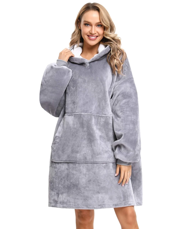 Sykooria Oversized Hoodie Sweatshirt Blanket, Double Layer Fluffy Sherpa Hoodie Blanket Sweatshirt, Super Soft Warm Wearable Blanket for Women Men Adults Kids Light Grey