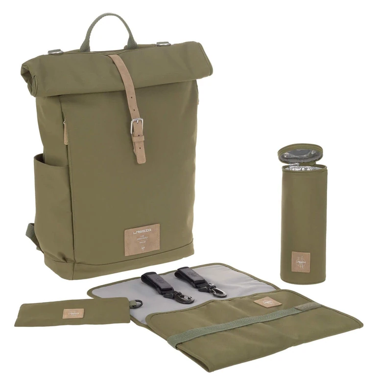 Lassig Baby Changing Rolltop Backpack - Olive Green - Image 1