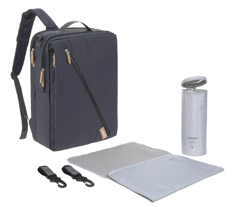 LÄSSIG Baby changing backpack with changing mat, pram attachment, bottle warmer water-repellent sustainably produced/Green Label Tidy Talent Backpack dark blue