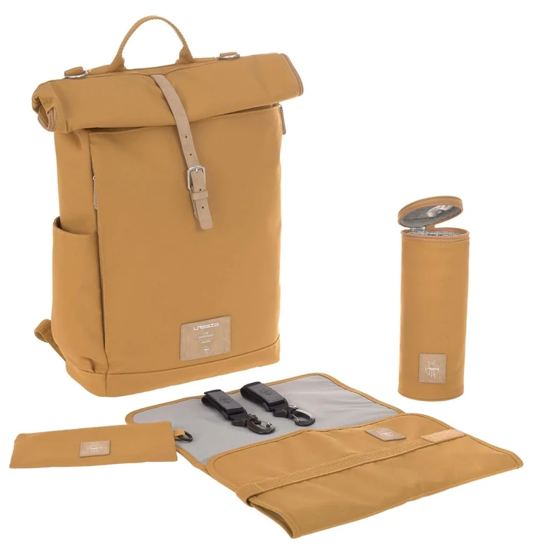 LÄSSIG Baby changing backpack with changing mat, pram attachment, bottle warmer water-repellent sustainably produced/Rolltop Backpack curry