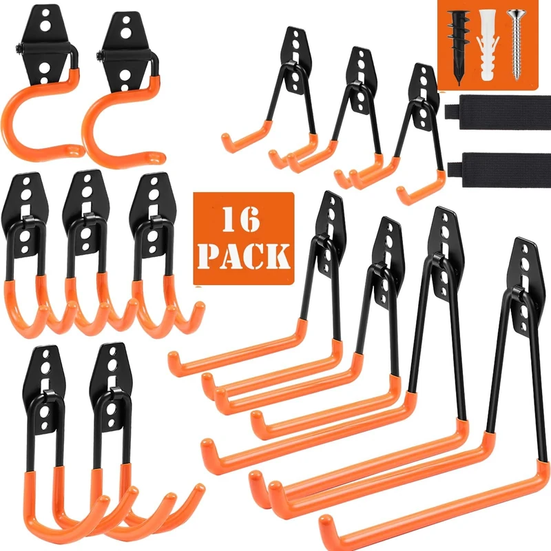 Dorisy Upgraded 16 Packs Garage Hooks Utility Double Heavy Duty with Mop Broom Holders, Wall Mount Hooks, Garage Storage Organization and Tool Hangers for Power ＆ Garden Tools, Ladders, Bikes(Orange)