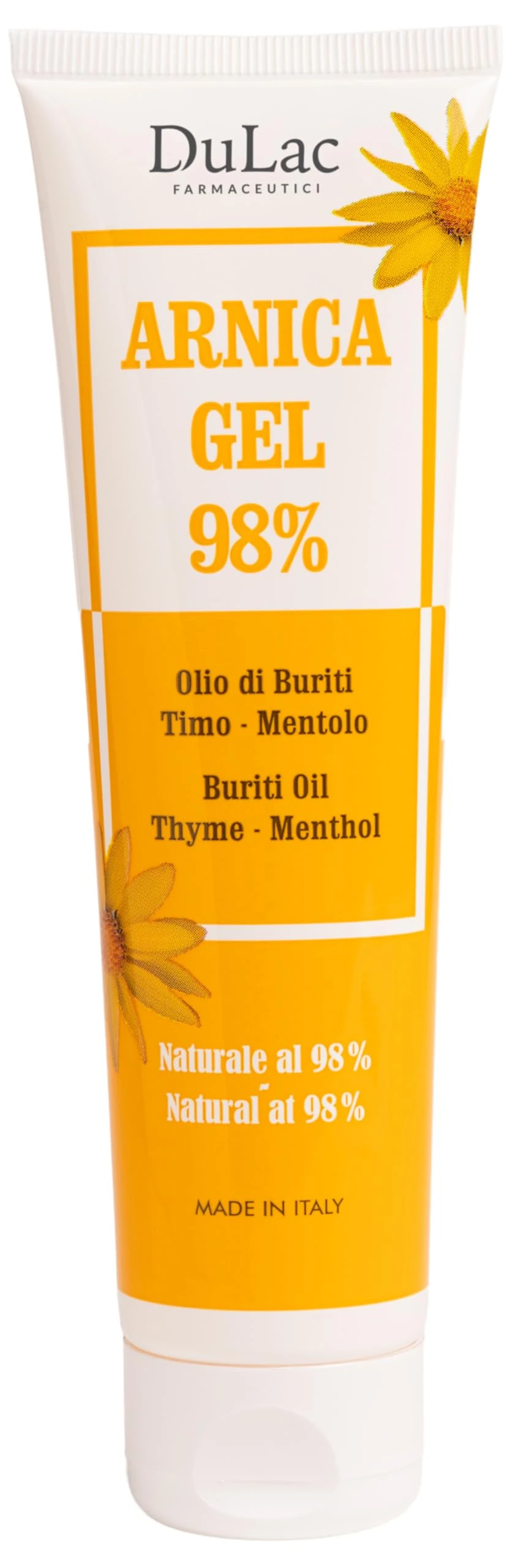 DuLàc, 98% Arnica Gel with Buriti Oil, Thyme and Menthol, for Massaging The Skin of Muscles and Joints, Dermatologically Tested, Nickel Tested, Made in Italy, 100 ml