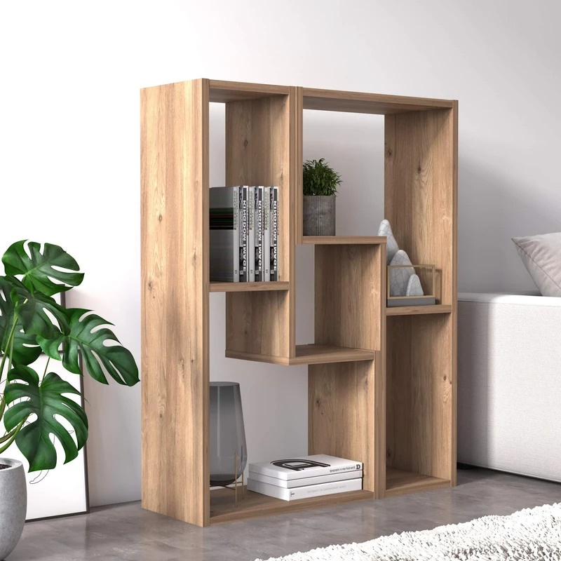 Dmora - Modular module consisting of two pieces to create living room TV stand - bookcase-table, 130 x 25 x 50 cm, oak color