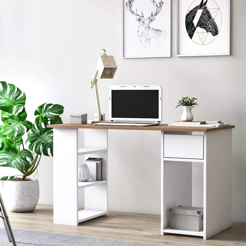 Dmora - Desk with shelves and drawer, 120 x 54.8 x 73 cm, white and walnut color