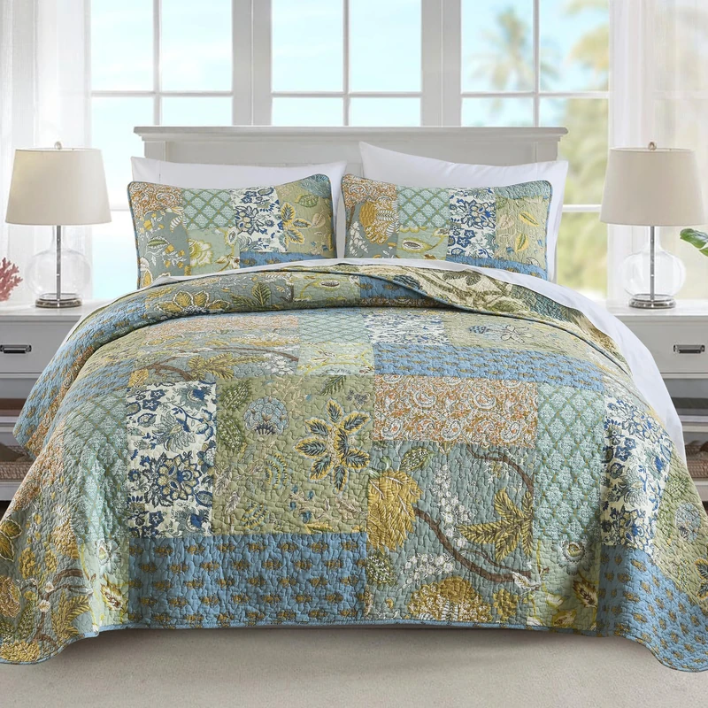 NEWLAKE Bedspread Quilt Set with Real Stitched Embroidery, Bohemian Floral Pattern,Twin Size