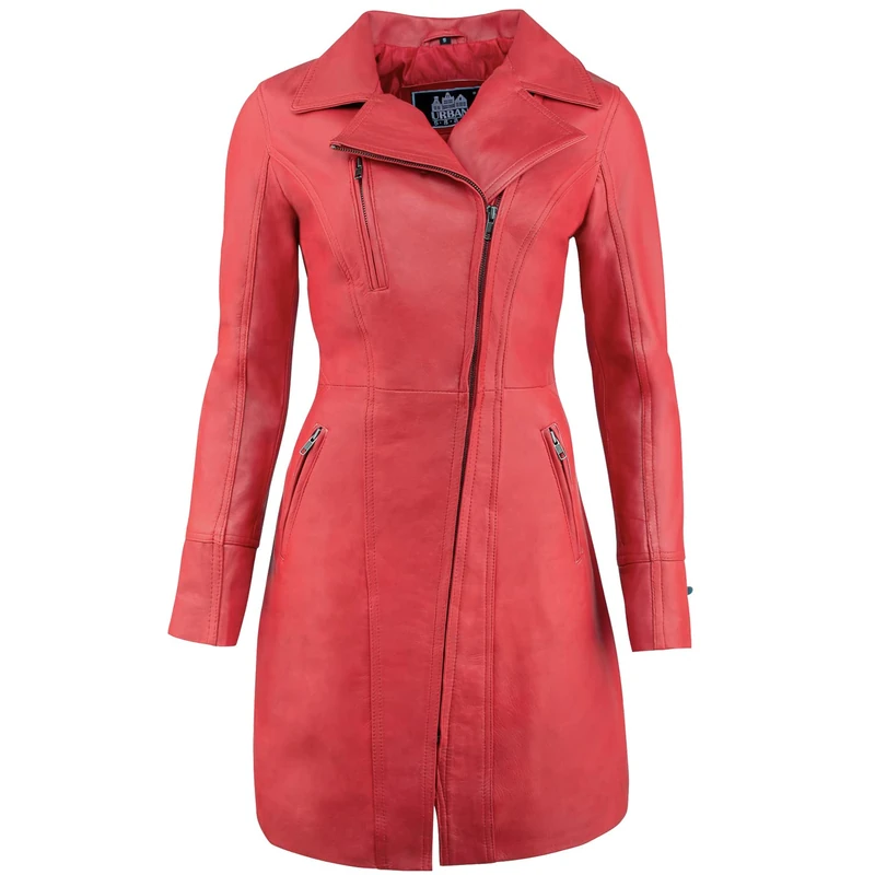 URBAN 5884 Women's Janice Leather, Elegant Jacket Made of Soft Lambskin, Long Model, red, XXXXL