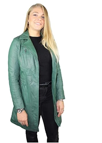 URBAN 5884 Women's Janice Leather, Elegant Jacket Made of Soft Lambskin, Long Model, Green, L