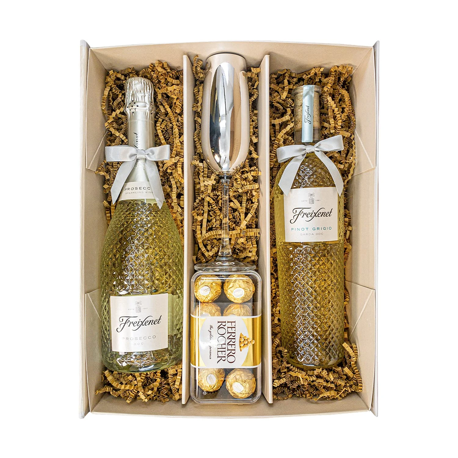 Prosecco DOC and Pinot Grigio Wine Gift Set (75cl x 2) with a Metallic Silver Champagne Flute, Ferrero Rocher Chocolates and Gift Box - Prosecco Gifts for Women (Prosecco Duo Silver Top)