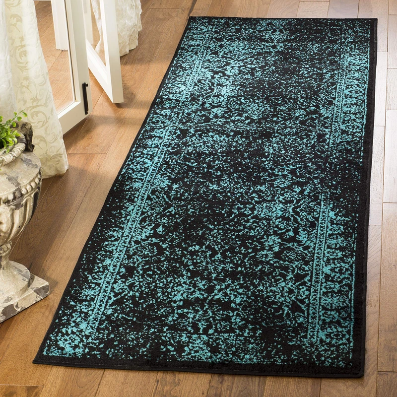 Safavieh Distressed Rug for Living Room, Dining Room, Bedroom - Adirondack Collection, Short Pile, in Black and Teal, 76 X 305 cm