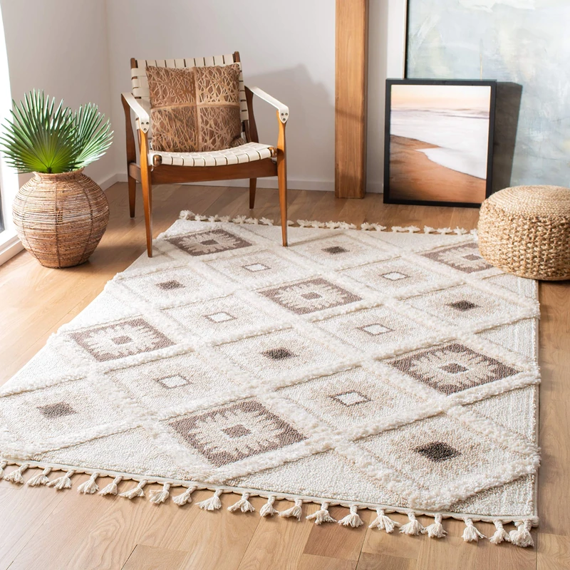Safavieh Shaggy Indoor Woven Rectangle Area Rug, Moroccan Tassel Shag Collection, MTS601, in Ivory/Brown, 201 x 279 cm for Living Room, Bedroom or Any Indoor Space