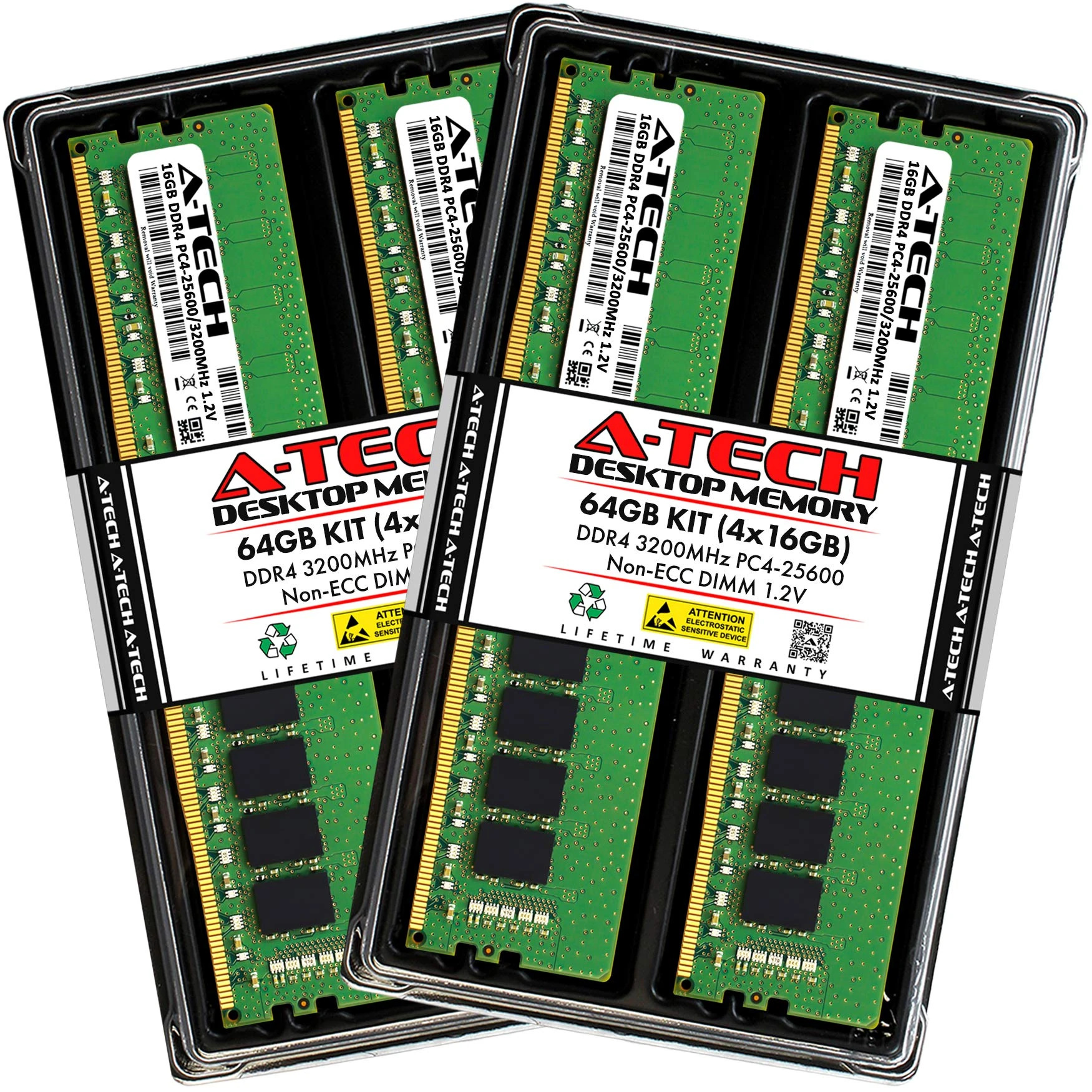 A-Tech 64GB (4x16GB) DDR4 3200 MHz UDIMM PC4-25600 (PC4-3200AA) CL22 DIMM Non-ECC Desktop RAM Memory Modules