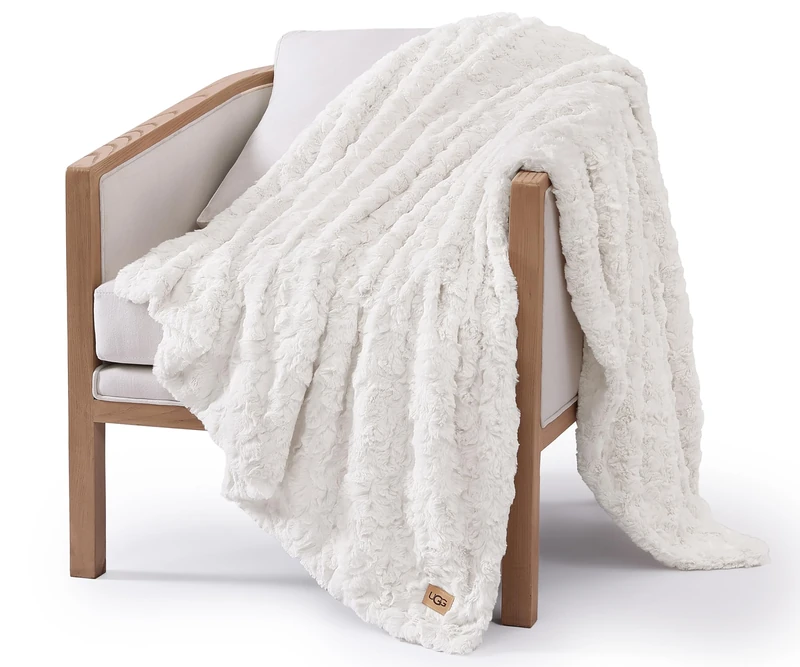 UGG 10483 Adalee Soft Faux Fur Reversible Accent Throw Blanket Luxury Cozy Fluffy Fuzzy Hotel Style Boho Home Decor Soft Luxurious Comfy Blankets for Couch, 70 x 50-Inch, Natural