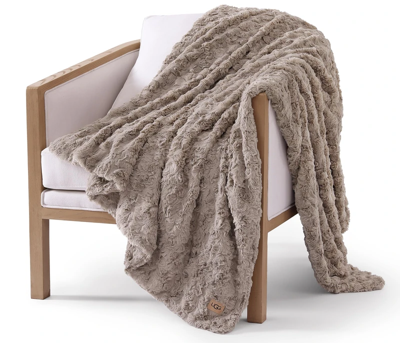 UGG 10484 Adalee Soft Faux Fur Reversible Accent Throw Blanket Fluffy Fuzzy Luxury Cozy Hotel Style Luxurious Soft Boho Home Decor Blankets for Bed and Living Room, 70 x 50-Inch, Oyster