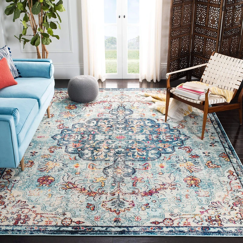 Safavieh Boho Rug for Living Room, Dining Room, Bedroom - Madison Collection, Short Pile, in Navy and Light Blue, 122 X 122 cm