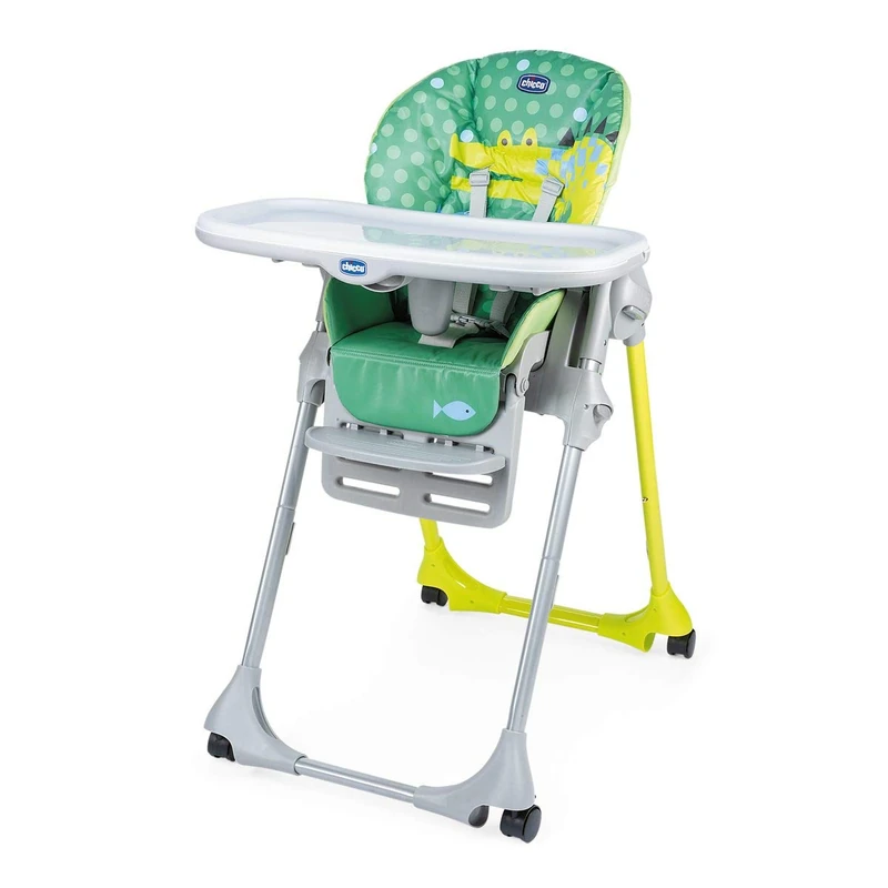 Chicco Polly Easy Baby High Chair with Adjustable Height and Footrest, 4 Wheels, Compact Closure, 6 Months to 3 Years (15 kg) - Crocodile