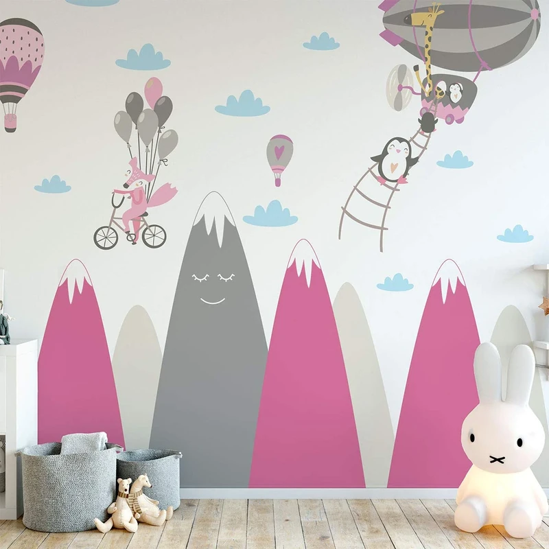 Children's Wall Sticker Giant Scandinavian Mountain Decoration for Baby's Room/Happy Animals 100 x 180 cm
