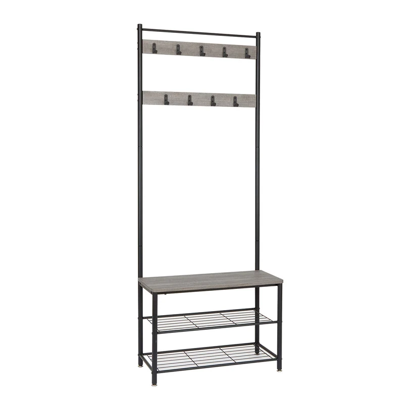 Mondeer Coat Rack Stand, Shoe Rack, Coat Rack Stand, Clothes Rack, Shoe Storage Bench with 9 Hooks, Metal Hall Tree, Metal Frame for Bedroom, Living, Room Hallway, Grey