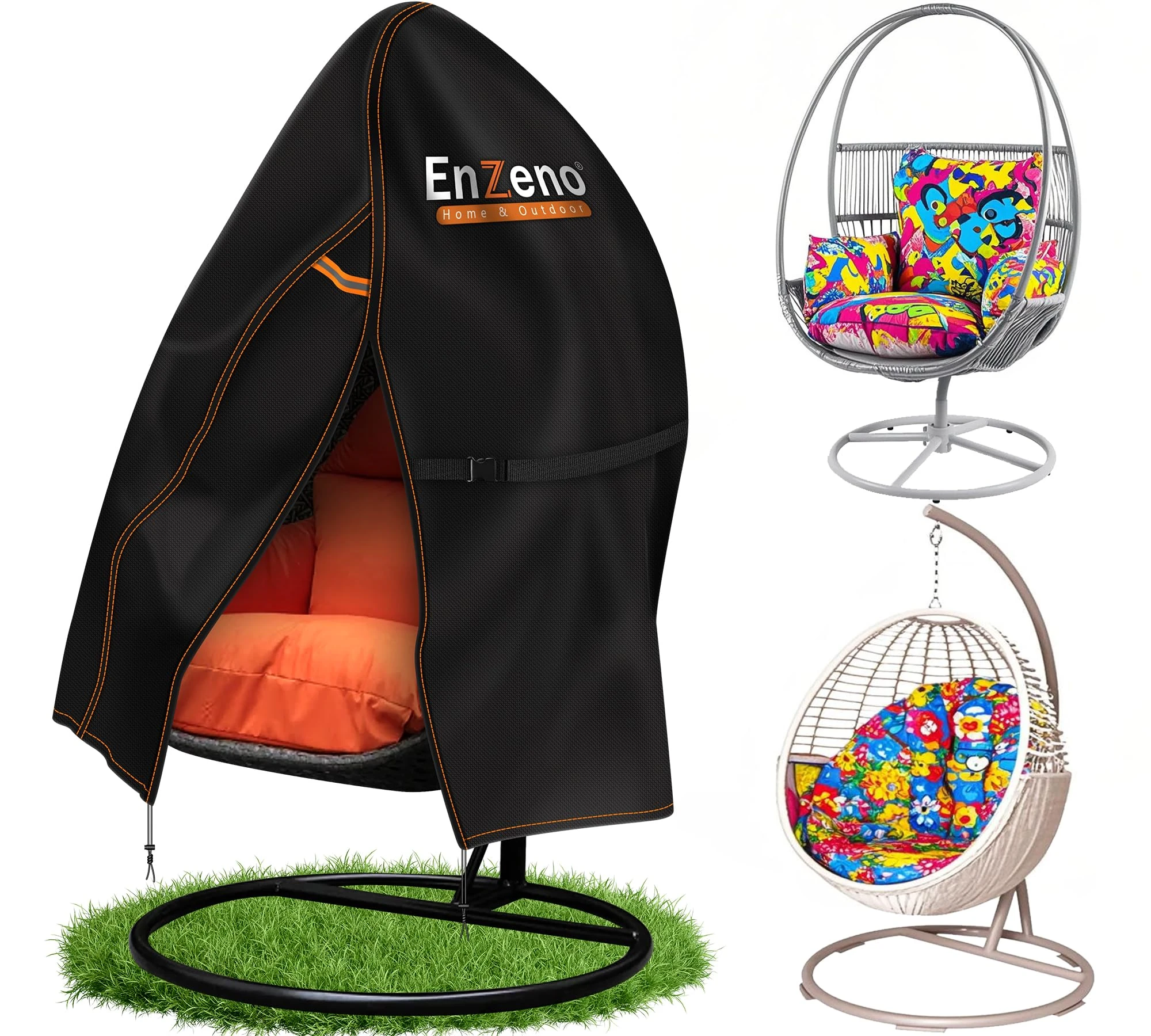 Enzeno Patio Hanging Egg Chair Cover, Outdoor Single seat Cocoon Swing Egg Chair Covers Waterproof with Zipper, 300D Heavy Duty Veranda Garden large Cover for egg chair on stand 190 * 115cm, Black