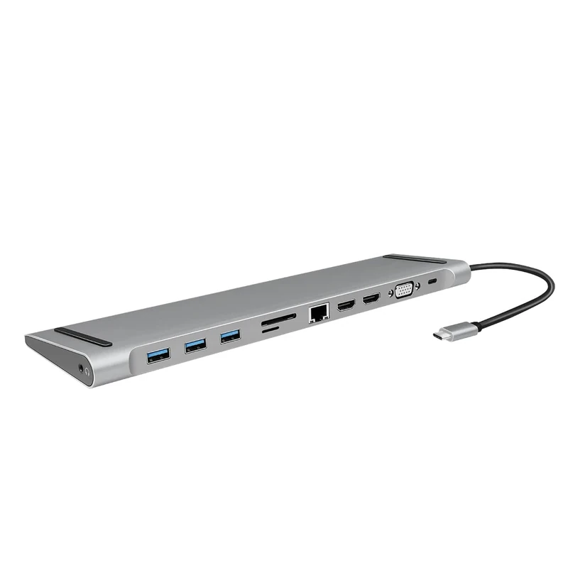 LogiLink UA0373 - USB 3.2 (Gen 1) Docking Station with 11 Ports and PD (Power Delivery) 100 W, 3 x USB / 2 x HDMI / 1 x VGA / 1 x CardReader / 1 x RJ45 / 1 x 3.5 mm/Black, Silver