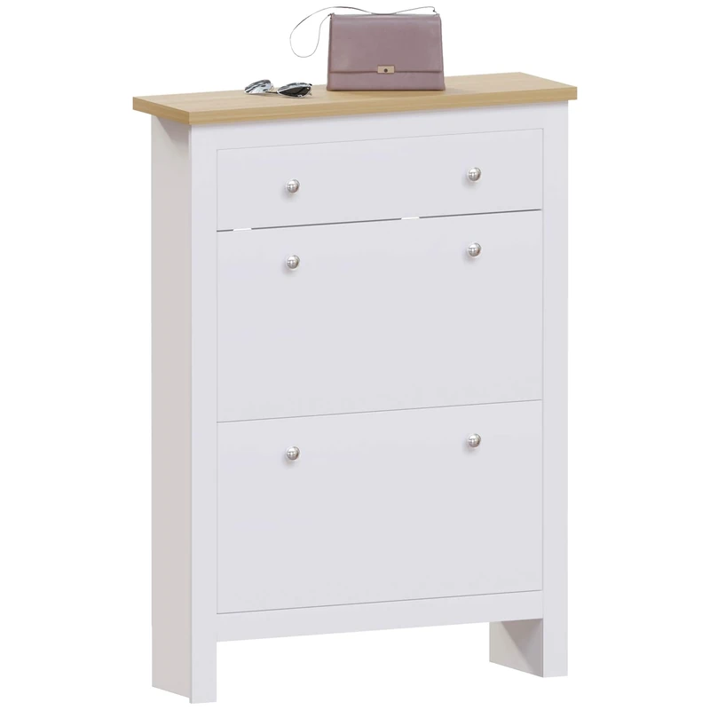 Vida Designs Arlington Shoe Cabinet, Wooden Shoe Storage Unit with 1 slider & 2 Pull-Down Drawers, Multifunctional Dust-Proof Space-Saving Slim for Hallway or Entryway (White & Oak)