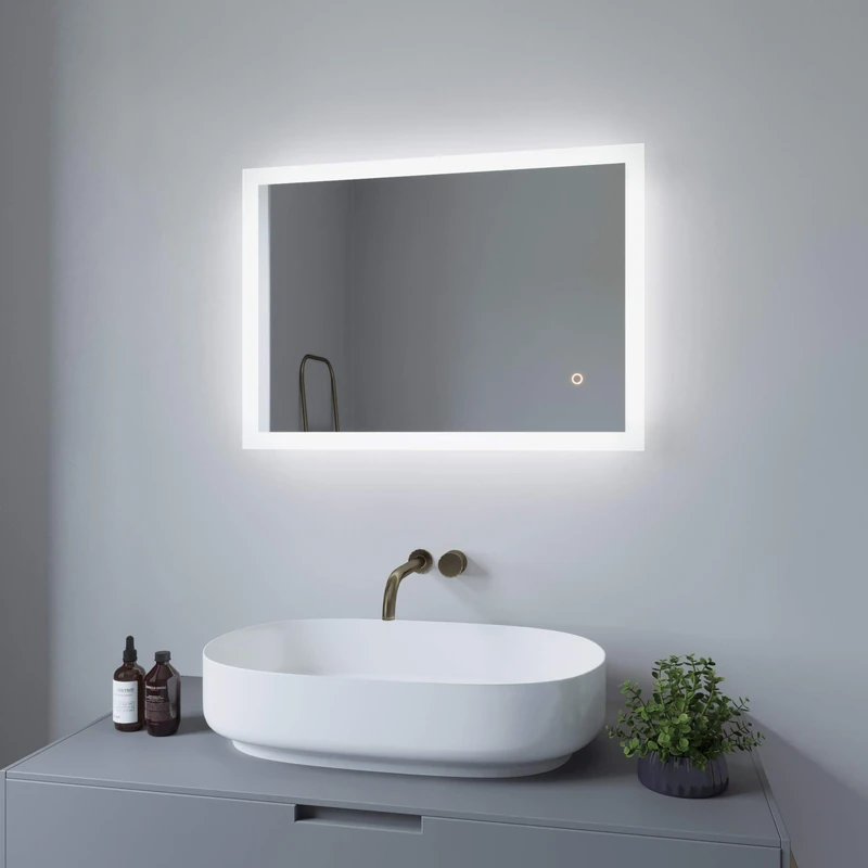 AQUABATOS 50 x 70 cm LED Bathroom Wall Mirror with Lighting Touch Switch Cool White 6400 K IP44 CE Energy Saving