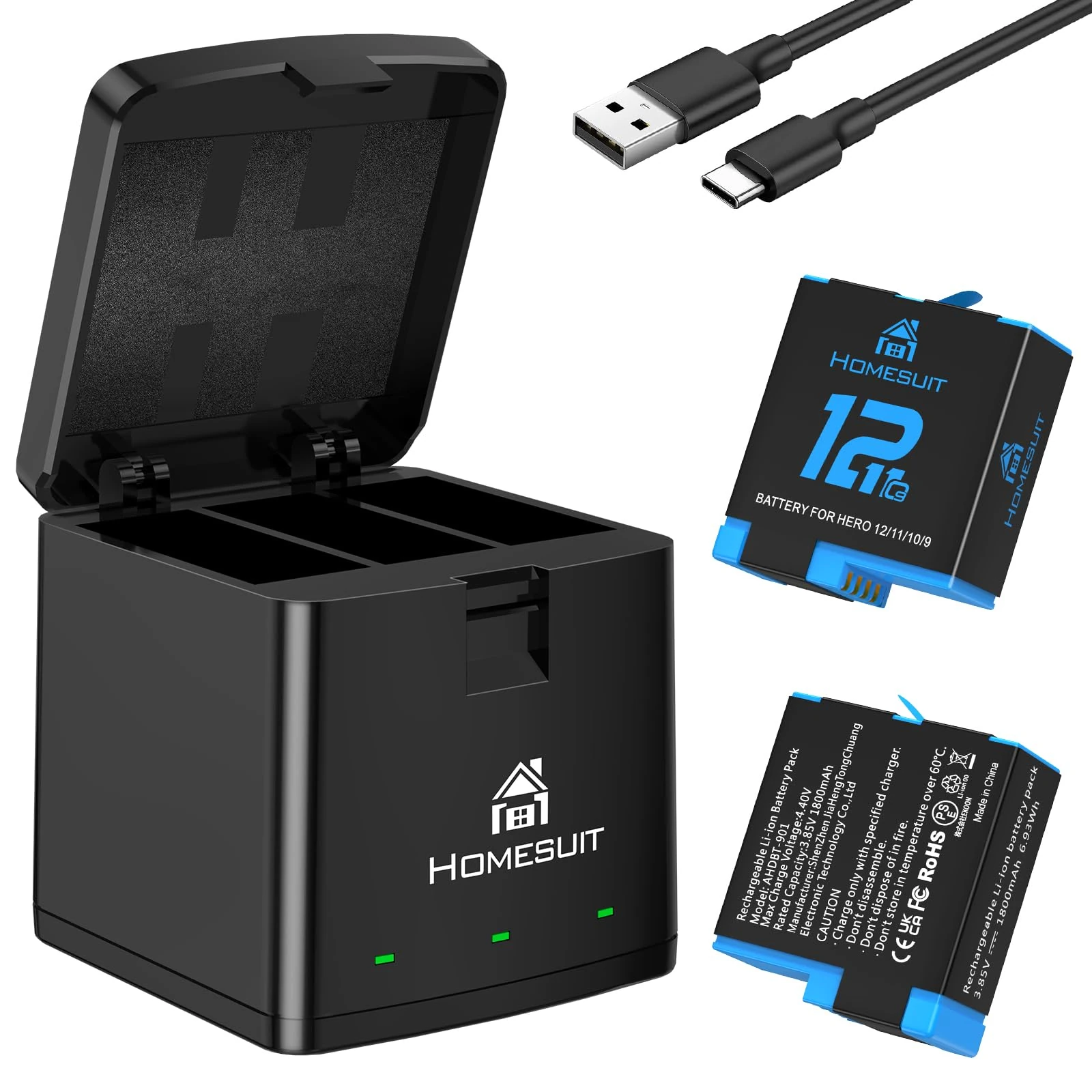 Homesuit Hero 12 11 10 9 Battery 1800mAh and LED 3-Channel USB Charger for Gopro12Black Gopro11Black Gopro10Black Gopro9Black AHDBT-901 (2-Pack)