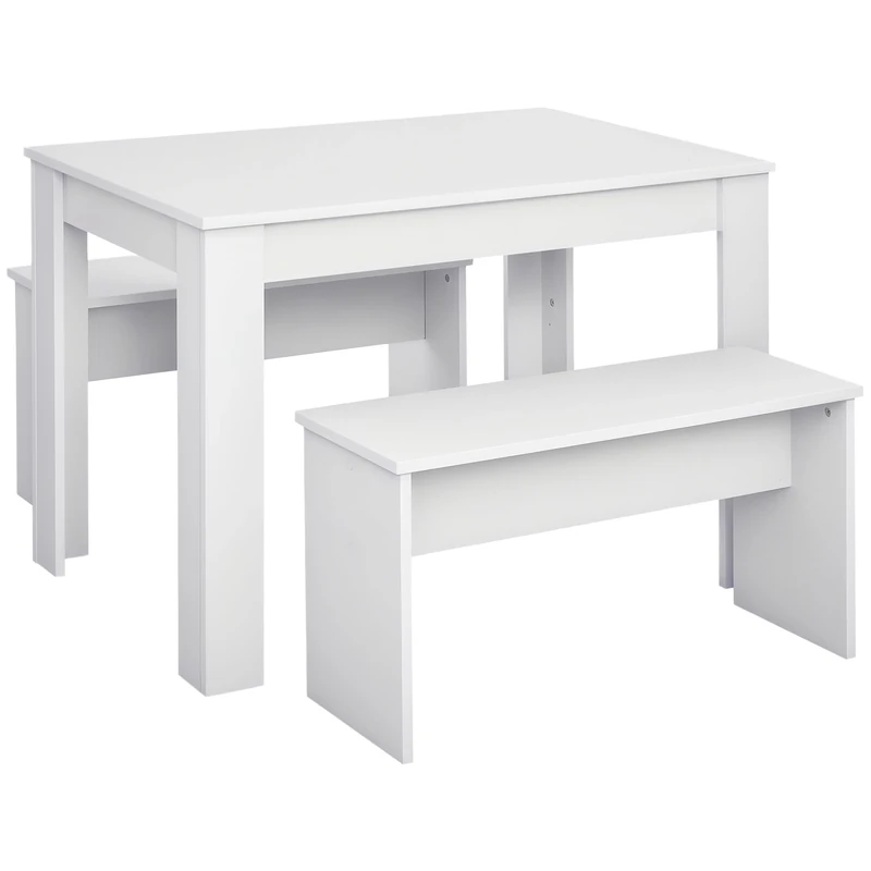 HOMCOM Kitchen Dining Table and 2 Benches Set, Table and Chairs Set for Limited Space, White