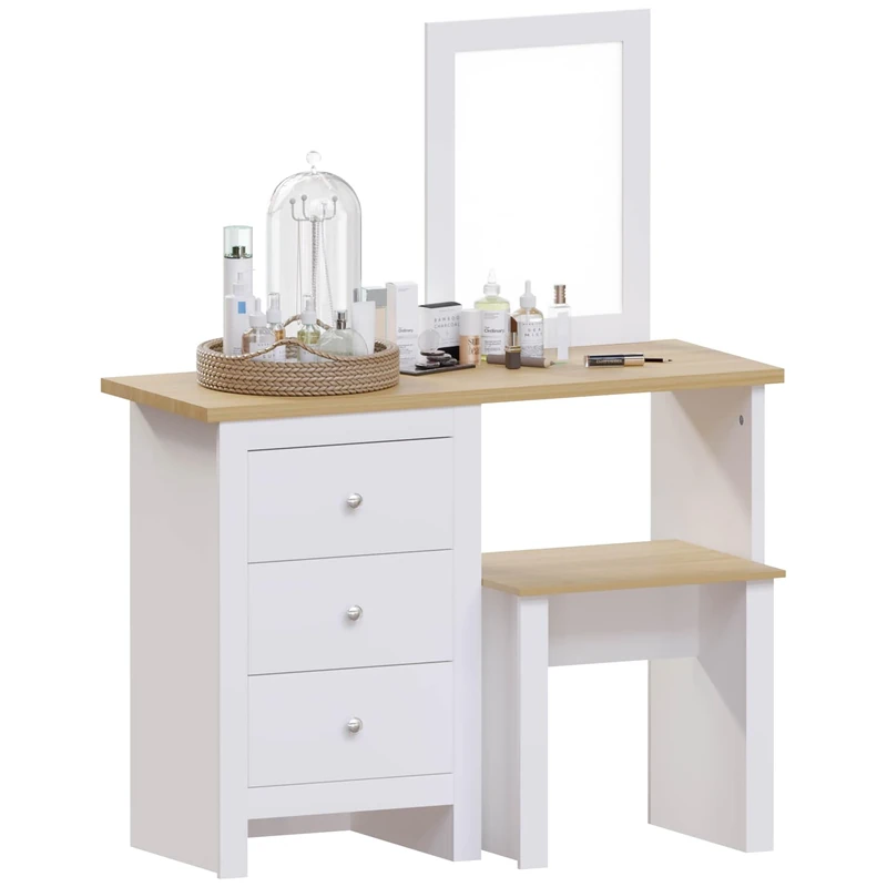 Vida Designs Arlington Dressing Table/Vanity Table, 3 Drawer, Stool, Mirror - Bedroom Makeup Set, White