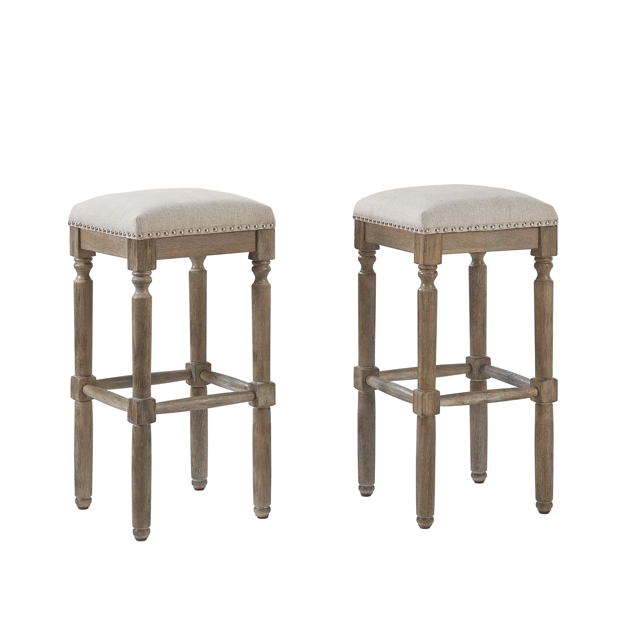 Backless upholstered Barstool; Weathered Oak Finish with Taupe Fabric; Set of 2